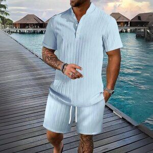 Men's Light Blue Short Sleeve Polo Top & Shorts Resort Outfit